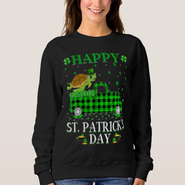 Funny Buffalo Plaid Green Truck Sea Turtle St Patr Sweatshirt (Front)