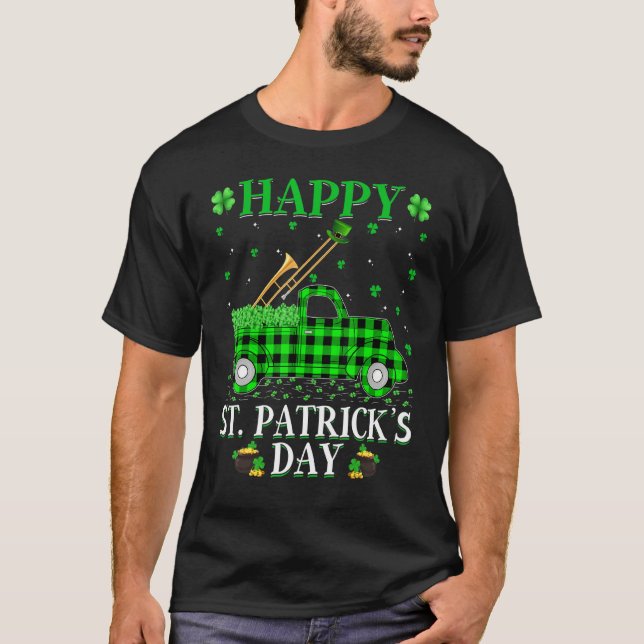 Funny Buffalo Plaid Green Truck Trombone St. Patri T-Shirt (Front)