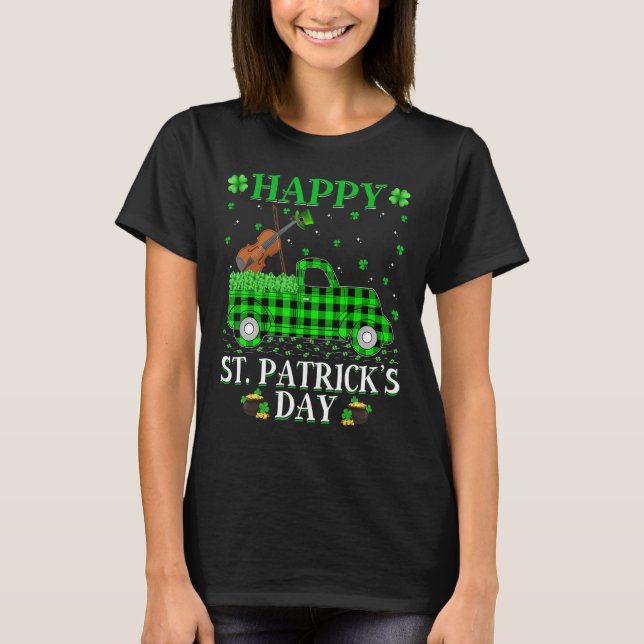 Funny Buffalo Plaid Green Truck Violin St. Patrick T-Shirt (Front)