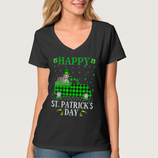 Funny Buffalo Plaid Green Truck White Tiger St Pat T-Shirt (Front)