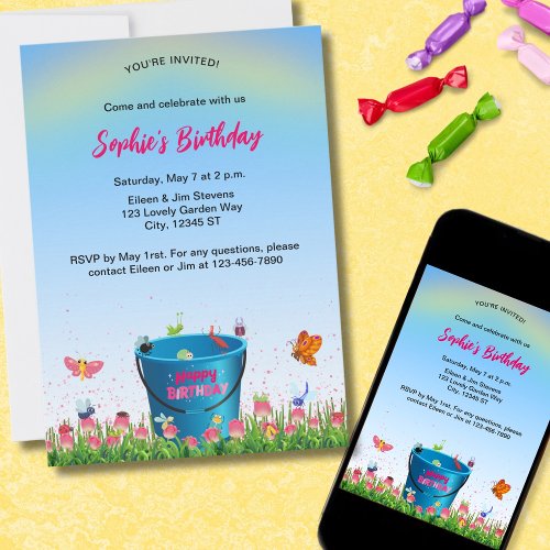 Funny Bugs and Butterflies in Rose Garden Birthday Invitation