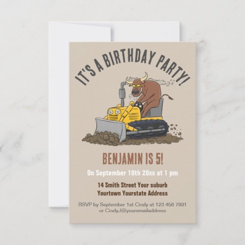 Funny bull driving bulldozer birthday invitation