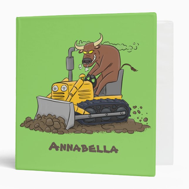 Funny bull driving bulldozer cartoon 3 ring binder (Front/Inside)