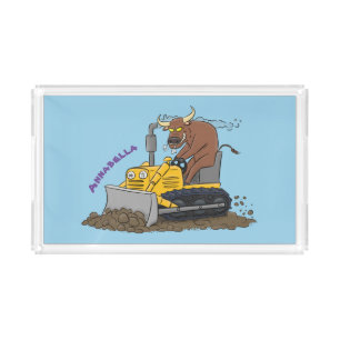 Funny bull driving bulldozer cartoon acrylic tray