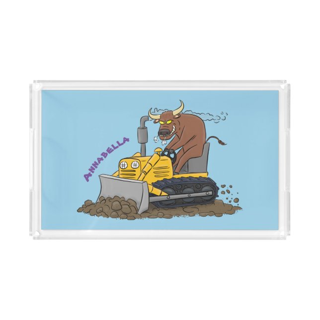 Funny bull driving bulldozer cartoon acrylic tray (Front)