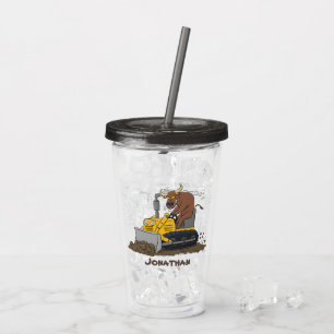 Funny bull driving bulldozer cartoon acrylic tumbler