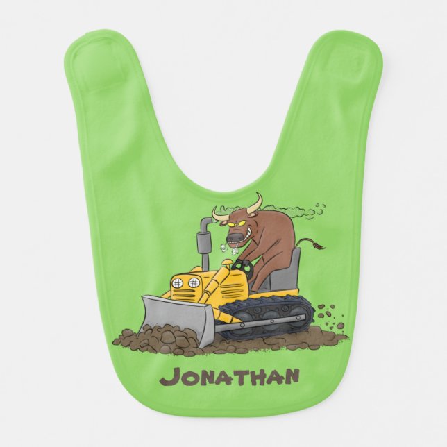 Funny bull driving bulldozer cartoon baby bib (Front)