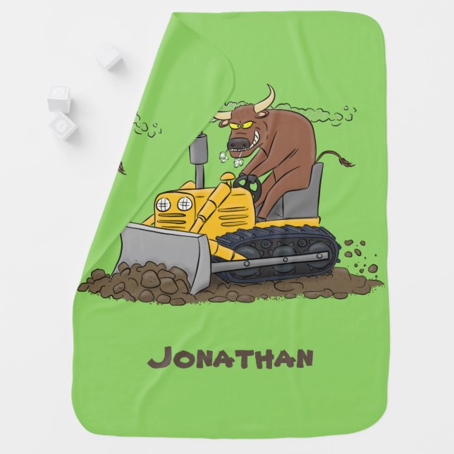 Funny bull driving bulldozer cartoon baby blanket (In Situ)