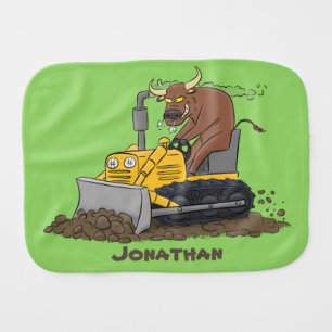 Funny bull driving bulldozer cartoon baby burp cloth