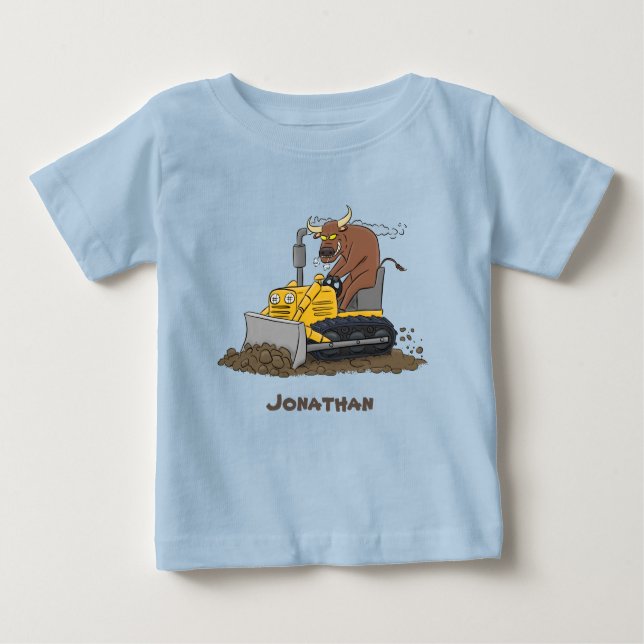 Funny bull driving bulldozer cartoon baby T-Shirt (Front)