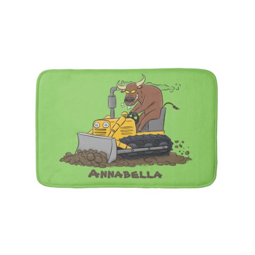 Funny bull driving bulldozer cartoon bath mat