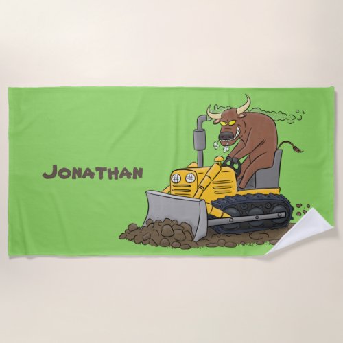 Funny bull driving bulldozer cartoon beach towel