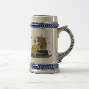 Funny bull driving bulldozer cartoon beer stein