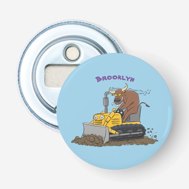 Funny bull driving bulldozer cartoon bottle opener (Front)