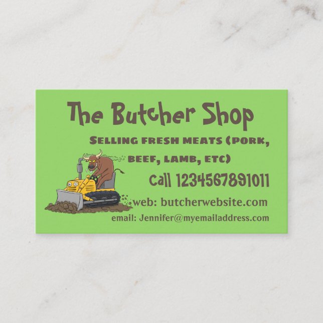 Funny bull driving bulldozer cartoon business card (Front)