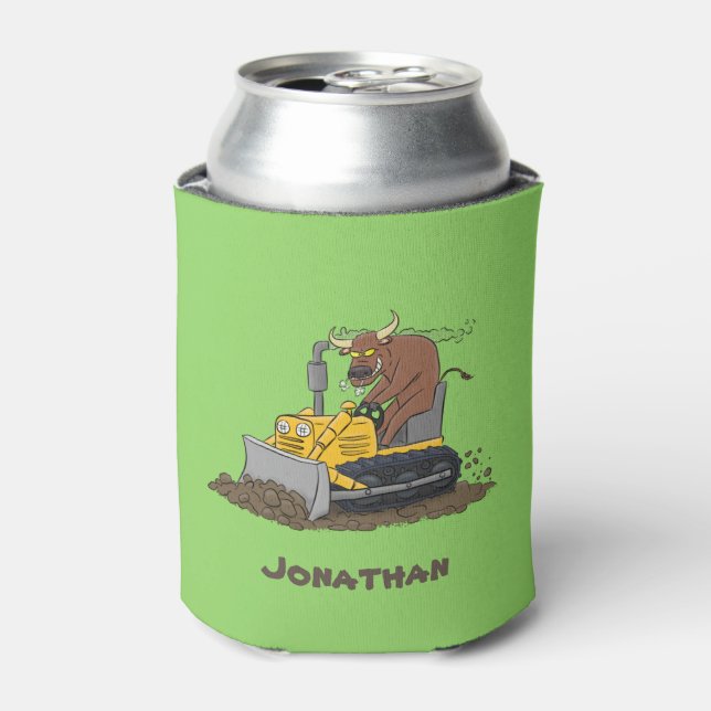 Funny bull driving bulldozer cartoon can cooler (Can Front)