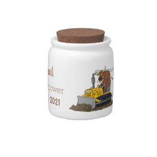 Funny bull driving bulldozer cartoon candy jar