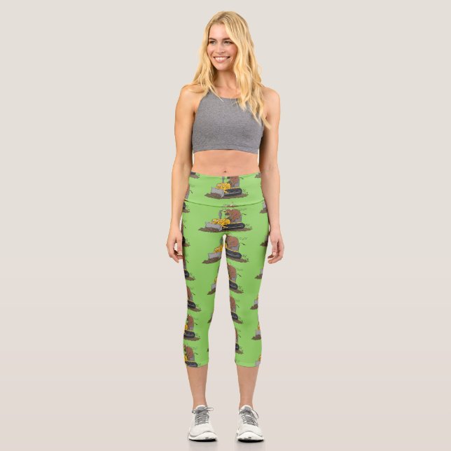 Funny bull driving bulldozer cartoon capri leggings (Front)