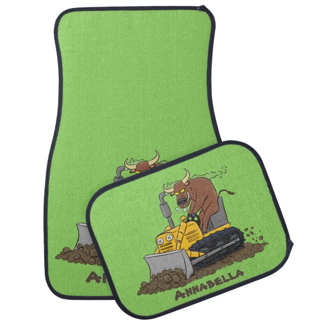 Funny bull driving bulldozer cartoon  car floor mat (Set)