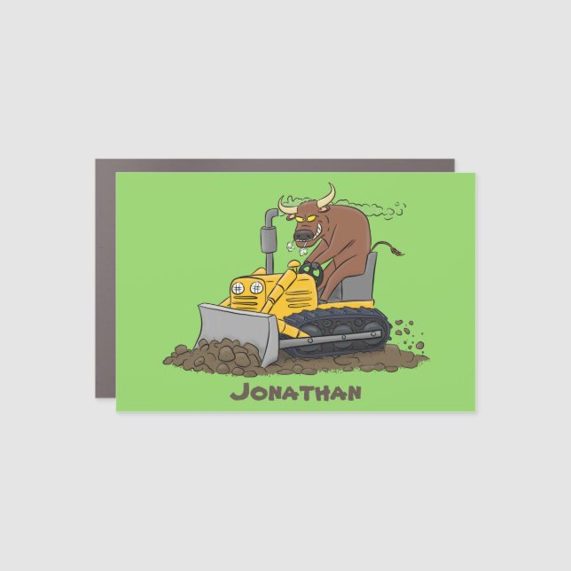 Funny bull driving bulldozer cartoon car magnet (Front)