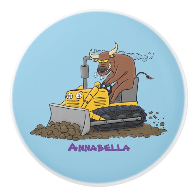 Funny bull driving bulldozer cartoon ceramic knob (Front)