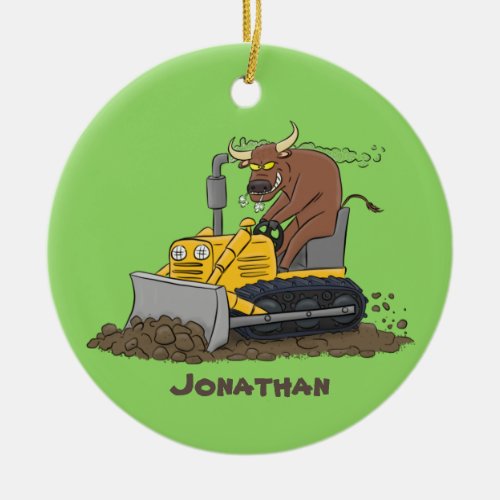 Funny bull driving bulldozer cartoon ceramic ornament