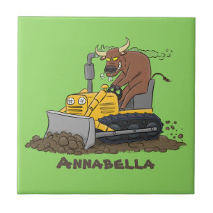 Funny bull driving bulldozer cartoon ceramic tile