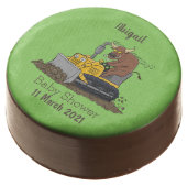 Funny bull driving bulldozer cartoon chocolate covered oreo (Angled)