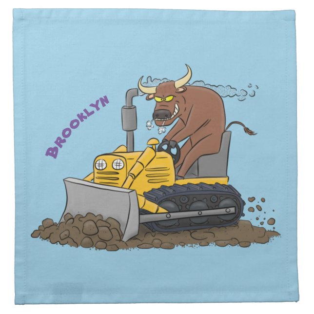 Funny bull driving bulldozer cartoon cloth napkin (Front)