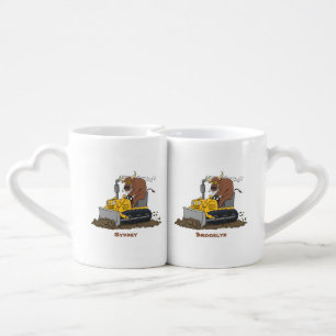 Funny bull driving bulldozer cartoon coffee mug set