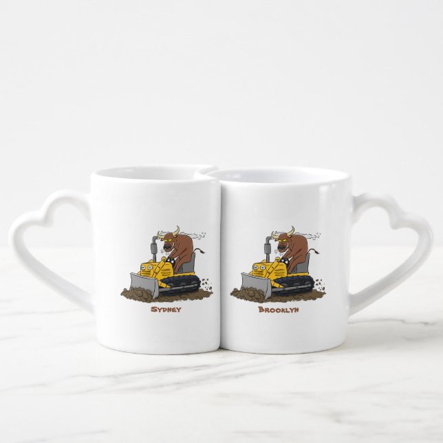 Funny bull driving bulldozer cartoon coffee mug set (Back Nesting)