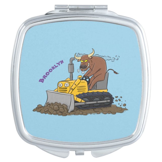 Funny bull driving bulldozer cartoon compact mirror (Front)