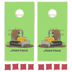 Funny bull driving bulldozer cartoon cornhole set