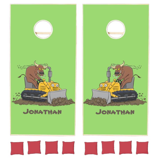 Funny bull driving bulldozer cartoon cornhole set (Set)