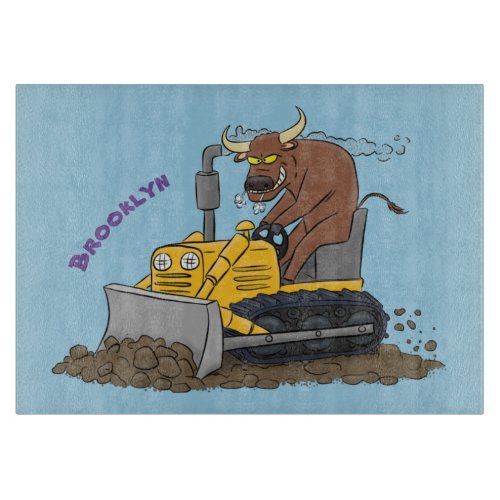 Funny bull driving bulldozer cartoon cutting board