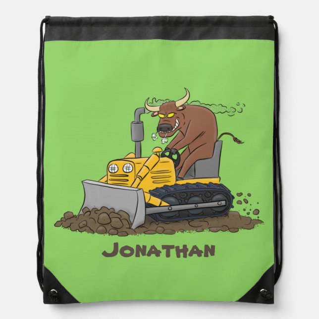 Funny bull driving bulldozer cartoon drawstring bag (Front)