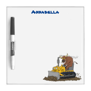 Funny bull driving bulldozer cartoon dry erase board