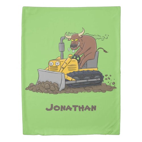 Funny bull driving bulldozer cartoon duvet cover