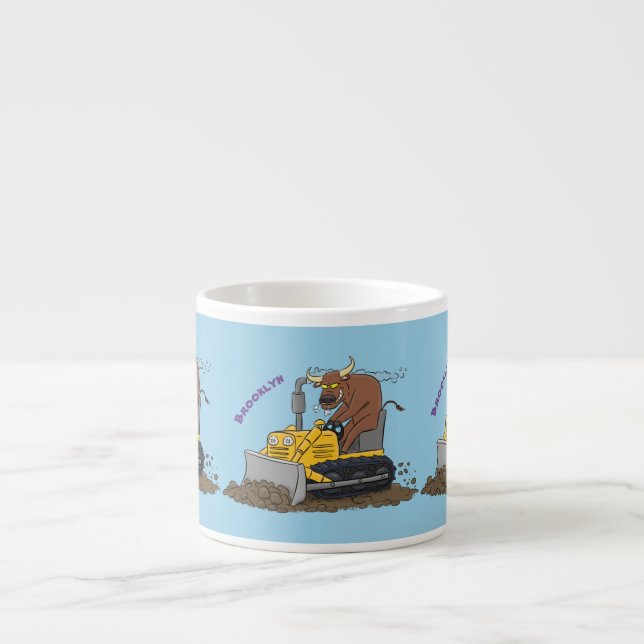 Funny bull driving bulldozer cartoon espresso cup (Front)