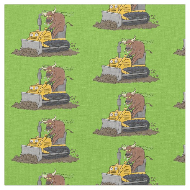 Funny bull driving bulldozer cartoon fabric (Close Up)