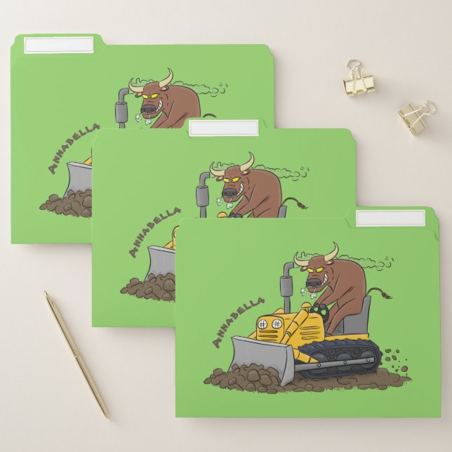 Funny bull driving bulldozer cartoon file folder (Set)