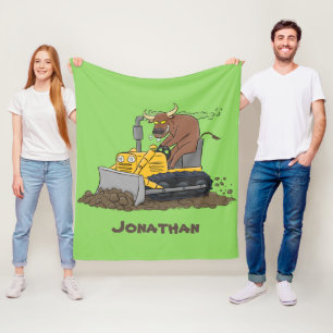 Funny bull driving bulldozer cartoon fleece blanket