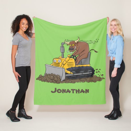 Funny bull driving bulldozer cartoon fleece blanket