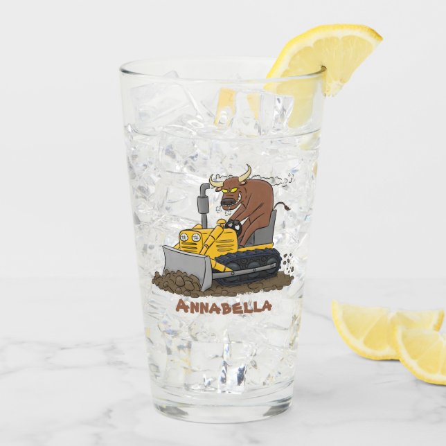 Funny bull driving bulldozer cartoon glass (Back Ice)