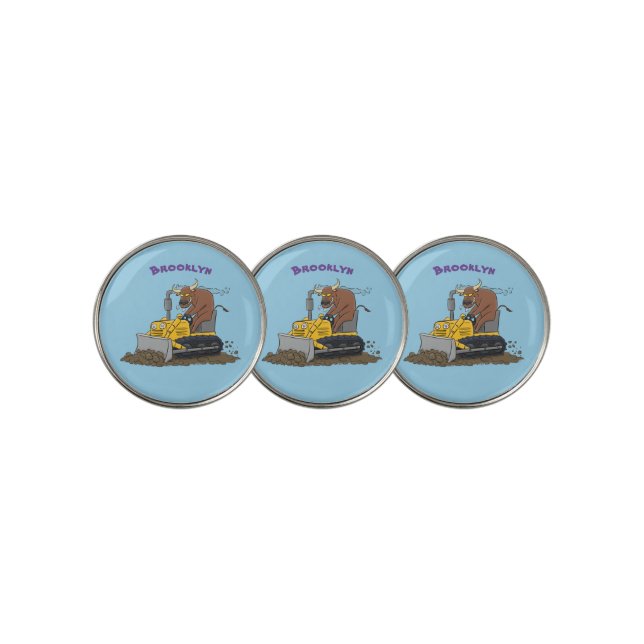 Funny bull driving bulldozer cartoon golf ball marker (3 Up)