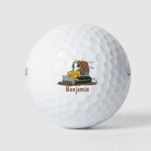 Funny bull driving bulldozer cartoon golf balls