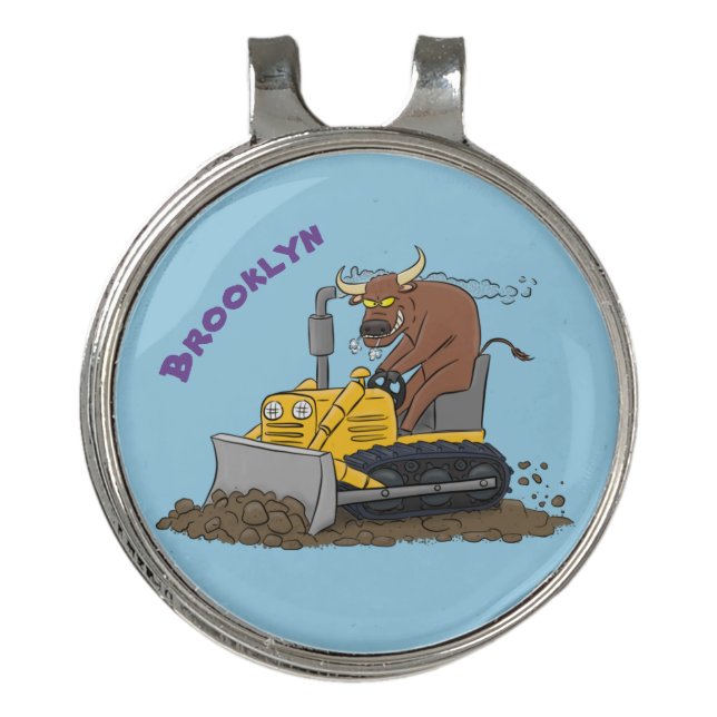Funny bull driving bulldozer cartoon golf hat clip (Front)