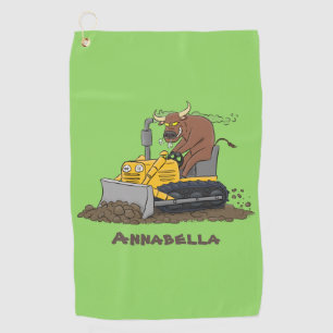 Funny bull driving bulldozer cartoon  golf towel