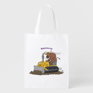 Funny bull driving bulldozer cartoon grocery bag