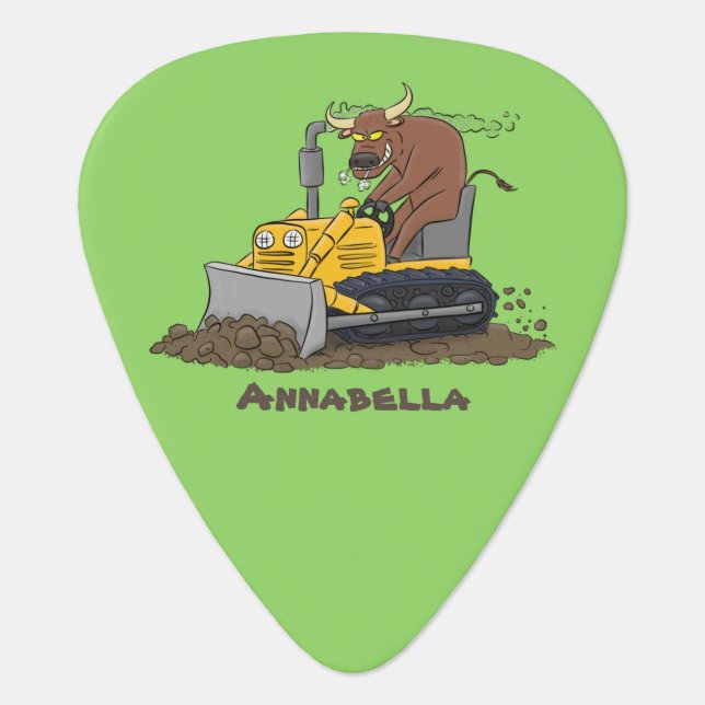 Funny bull driving bulldozer cartoon  guitar pick (Front)